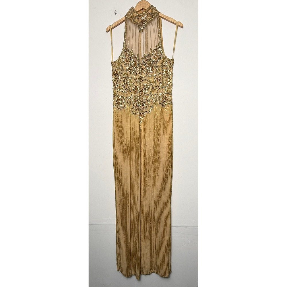 Oleg Cassini Gold Silk Beaded Gown Sequin Illusion Halter Dress 12 Black Tie